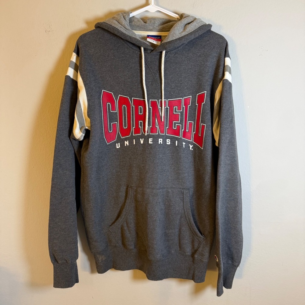 Champion Cornell University Hoodie Mens Small Charcoal Grey Striped Sleeve S